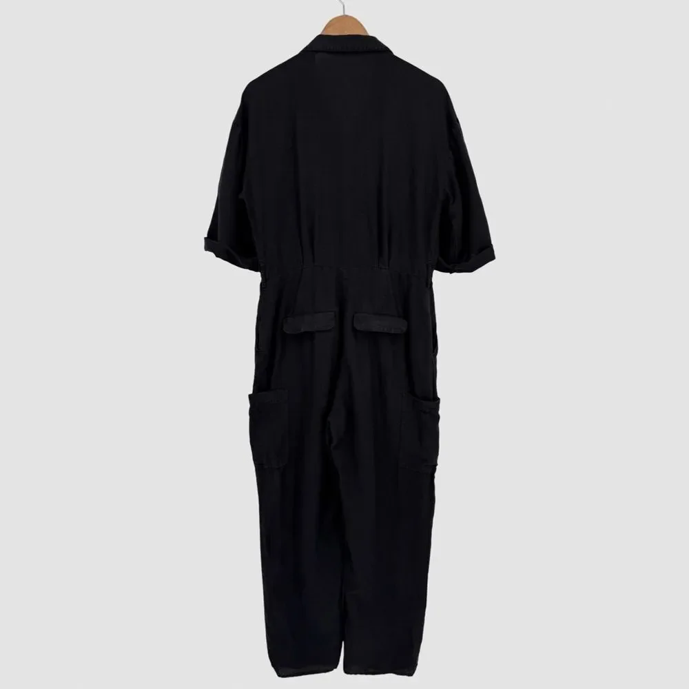 ZARA Linen Blend Button Front Utility Jumpsuit in Black | Medium